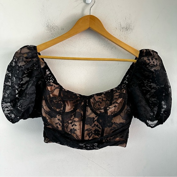 For Love & Lemons Rosalie Lace Bustier Crop Top Black - Picture 3 of 7